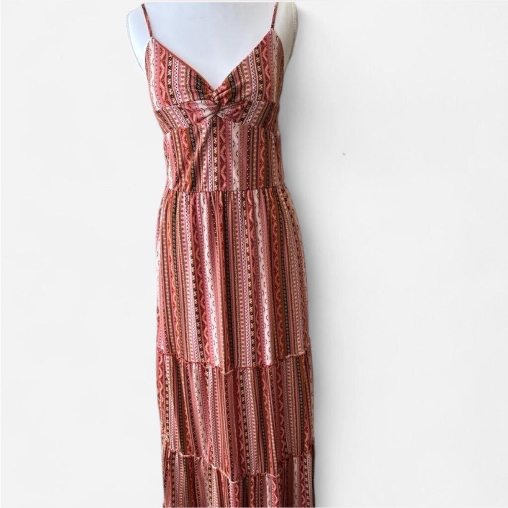 Red and White Tiered Buttoned Sundress Maxi